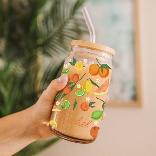 Personalized Citrus Fruit Glass Cup, Summer Smoothie Tumbler with Lemon & Orange Retro Design, Farmers Market Cute Iced Coffee Cup for Her