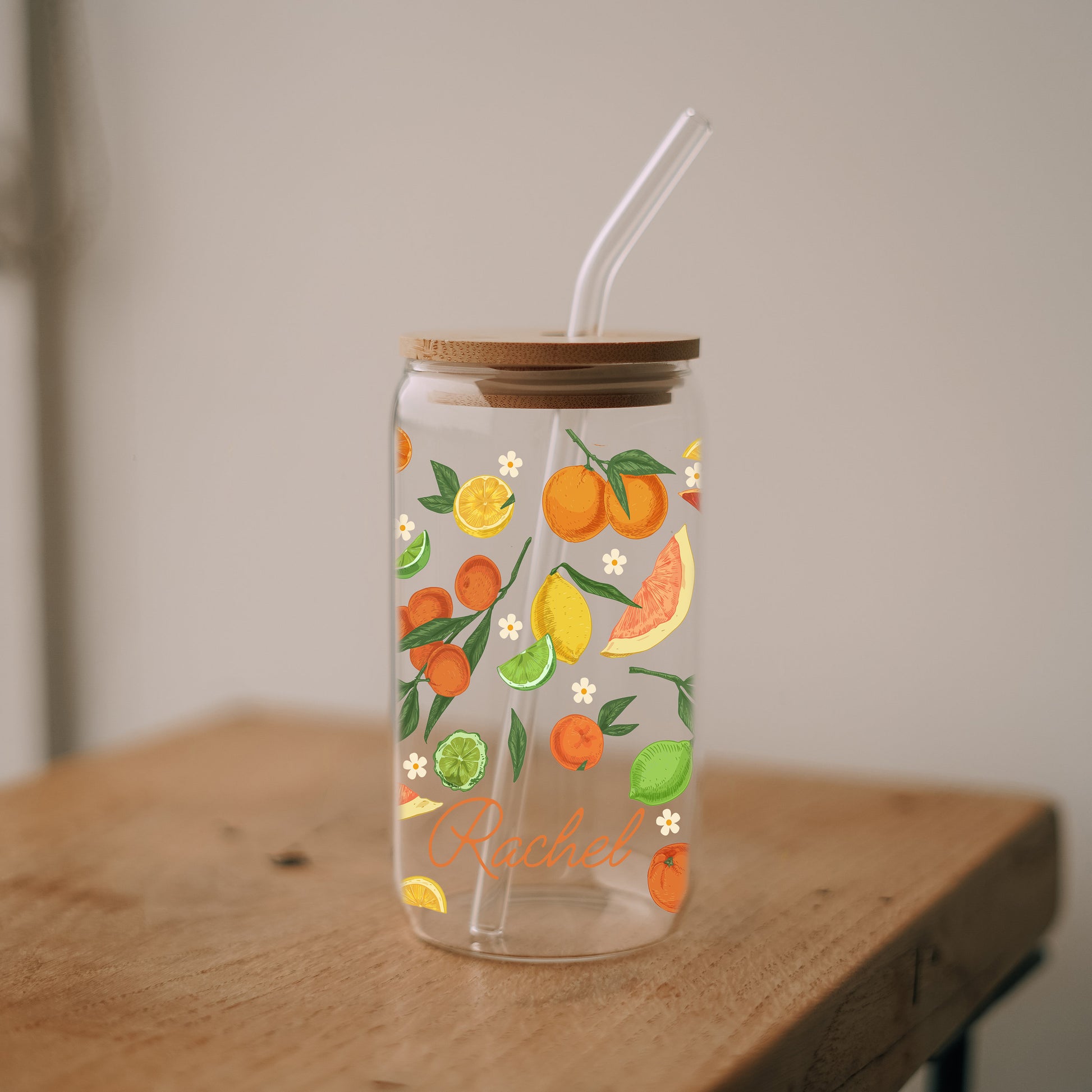 Personalized Citrus Fruit Glass Cup, Summer Smoothie Tumbler with Lemon & Orange Retro Design, Farmers Market Cute Iced Coffee Cup for Her