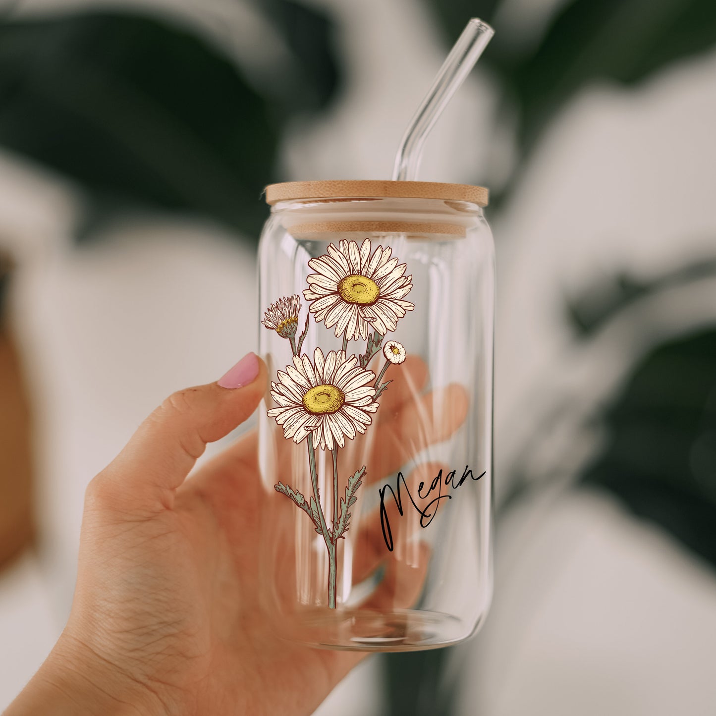 Personalized Retro Birth Flower Cute Glass Cup Gift for Her, Custom Coffee Glass with Name, Summer Iced Coffee Cup, Customized Tumbler Gift