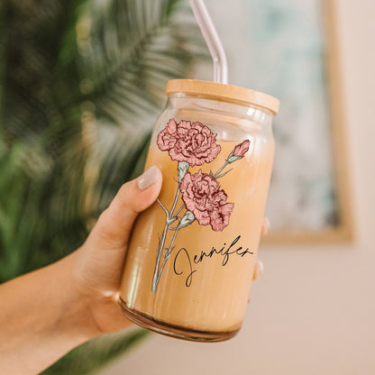 Personalized Retro Birth Flower Cute Glass Cup Gift for Her, Custom Coffee Glass with Name, Summer Iced Coffee Cup, Customized Tumbler Gift