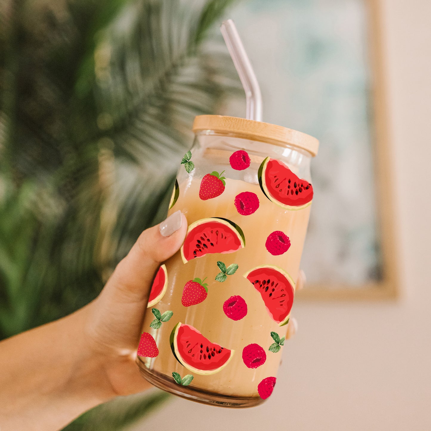 Personalized Strawberry Fruit Cup, Summer Smoothie Glass Tumbler with Watermelon Raspberry Retro Design, Farmers Market Cute Iced Coffee Cup