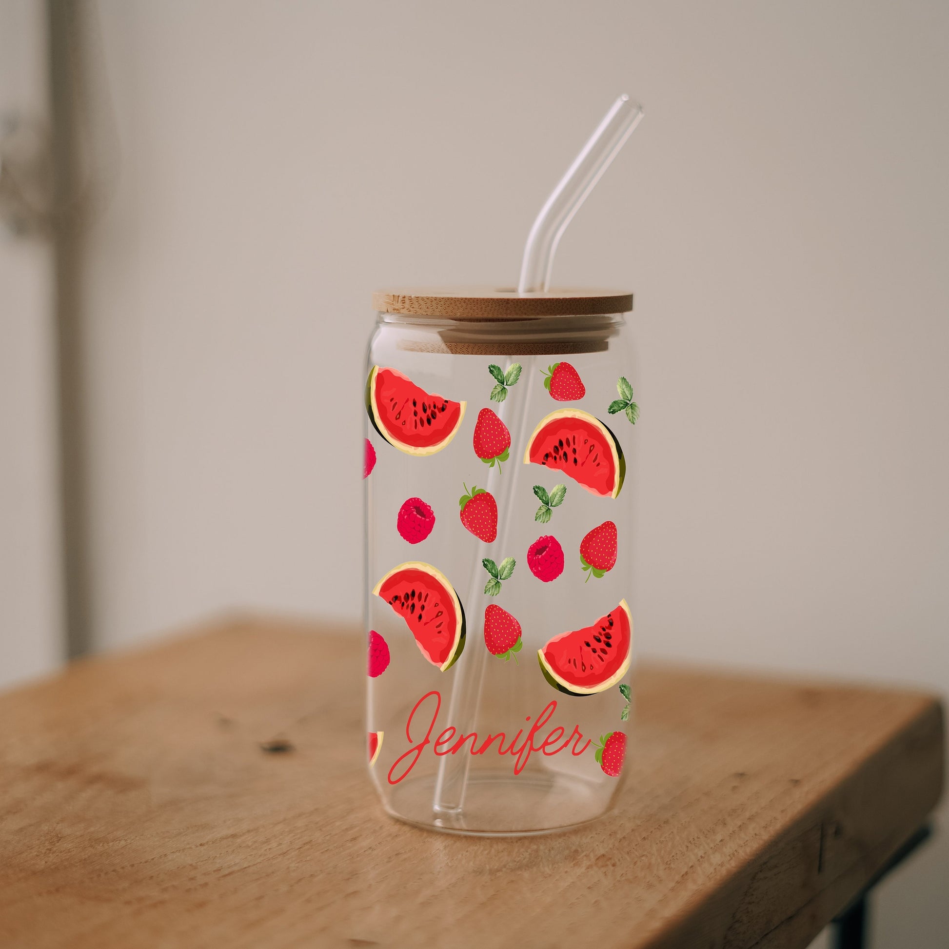 Personalized Strawberry Fruit Cup, Summer Smoothie Glass Tumbler with Watermelon Raspberry Retro Design, Farmers Market Cute Iced Coffee Cup