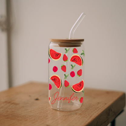 Personalized Strawberry Fruit Cup, Summer Smoothie Glass Tumbler with Watermelon Raspberry Retro Design, Farmers Market Cute Iced Coffee Cup