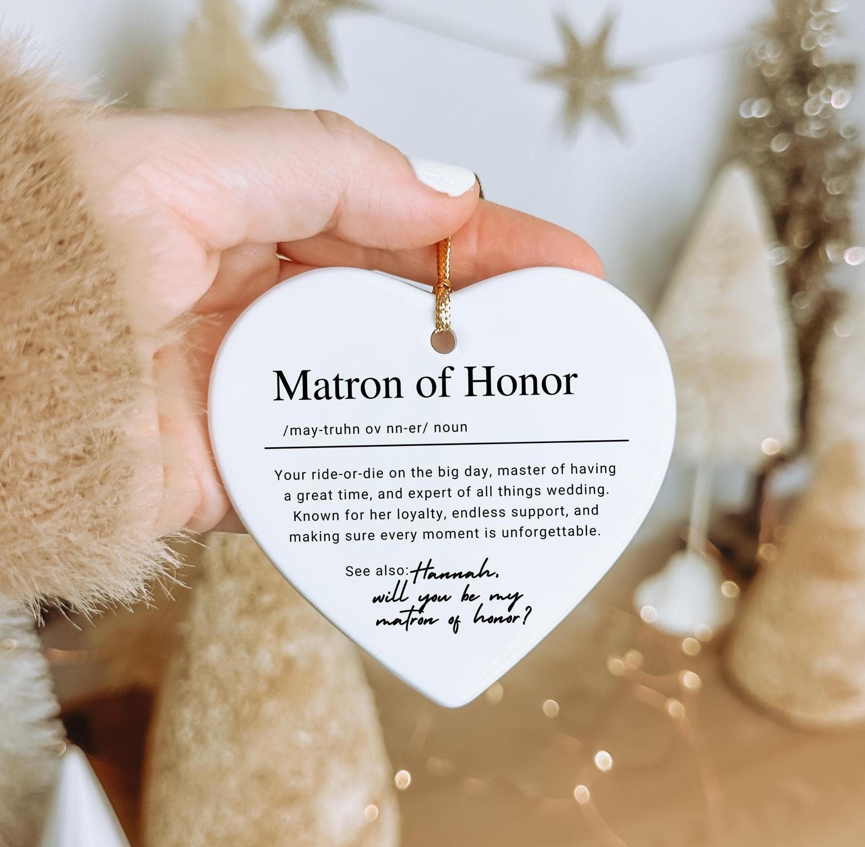 Personalized Matron of Honor Proposal Ornament, Custom Ceramic Name Definition Christmas Gift, Bridal Party Wedding Day Keepsake Gift